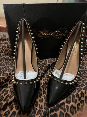 Aldo Black Patent Pointed-Toe Pumps with Gold Studs